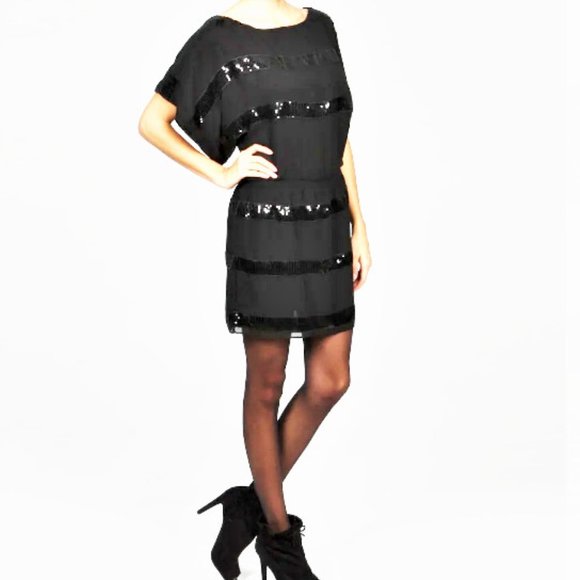 JESSICA SIMPSON Black Sequin Stripe Blouson Dress - Picture 10 of 10